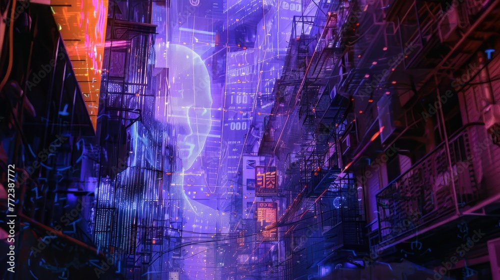 a transparent neon ghost of a digital ancestor - futuristic technology cyber background - digital ghost - obrazy, fototapety, plakaty 