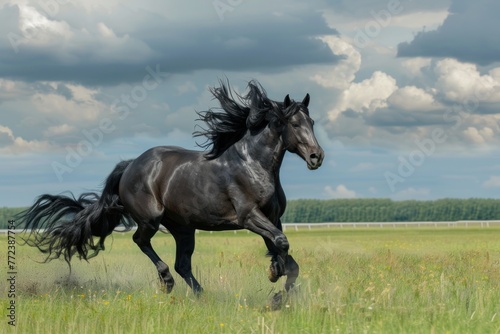 Black friesian stallion running green field cloudy sky