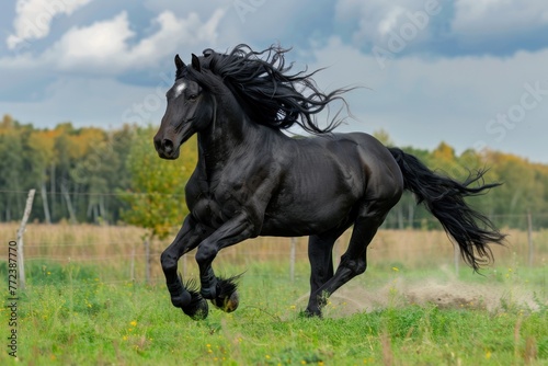 Black friesian stallion running green field cloudy sky