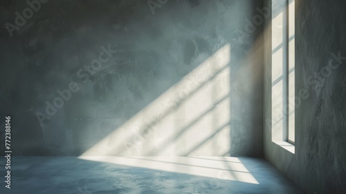 abstract. minimalistic background for product presentation. walls in large empty room greyish white. can full of sunlight. Loft wall or minimalist wall. Shadow, light from windows to plaster wall.