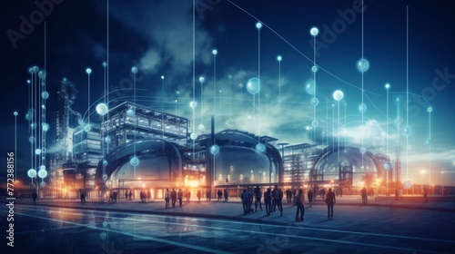 Modern factory  communication network. Telecommunication. IoT  Internet of Things  ICT  Information communication Technology . Smart factory. Digital transformation  cloud connecting