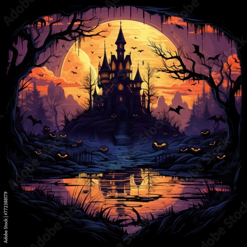 halloween illustration with silhouette of castle at glowing moon and dead trees near