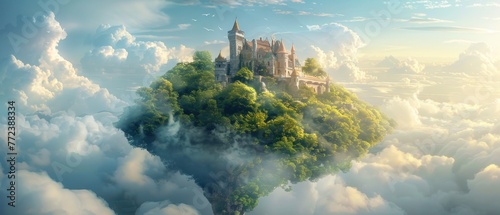 A castle is floating in the sky above a lush green hill photo