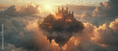 A castle is floating in the sky with clouds surrounding it