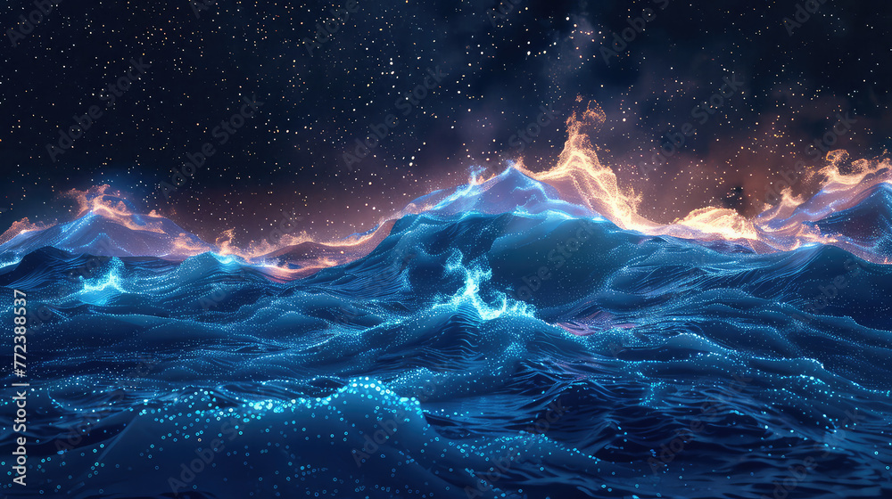 A stunning scene unfolds as glowing blue bioluminescent waves crash onto a dark beach beneath a vast starry night sky.