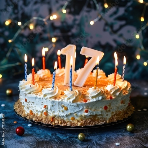 Cake with candles with the number 17 on a beautiful background. 17th anniversary birthday background photo