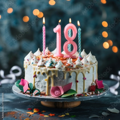 Cake with candles with the number 18 on a beautiful background. 18th anniversary birthday background photo