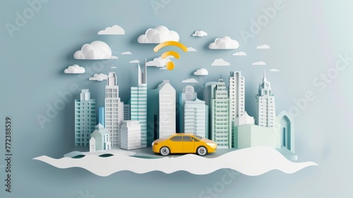 Social networking city and town with automation car on the world symbols moving from buildings to cloud using wifi. Vector illustration  penology  communication  generation  modern