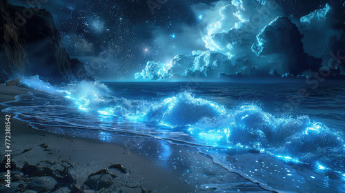 Beneath the vast starry night sky, a dark beach witnesses the stunning sight of glowing blue bioluminescent waves crashing onto its shores.