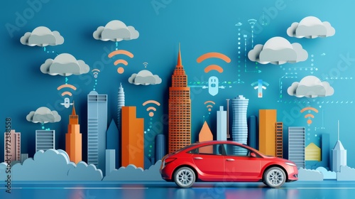 Social networking city and town with automation car on the world symbols moving from buildings to cloud using wifi. Vector illustration, penology, communication, generation, modern