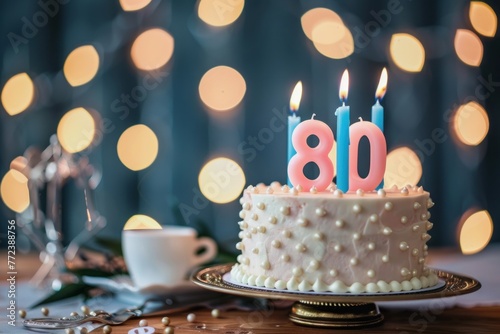 Cake with candles with the number 80 on a beautiful background. anniversary birthday background