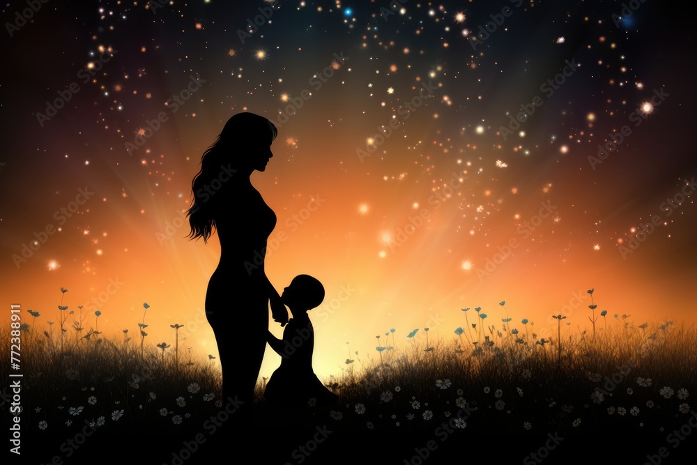 A silhouette of a mother and child with space for heartfelt messages A silhouette of a mother and child with space for heartfelt messages