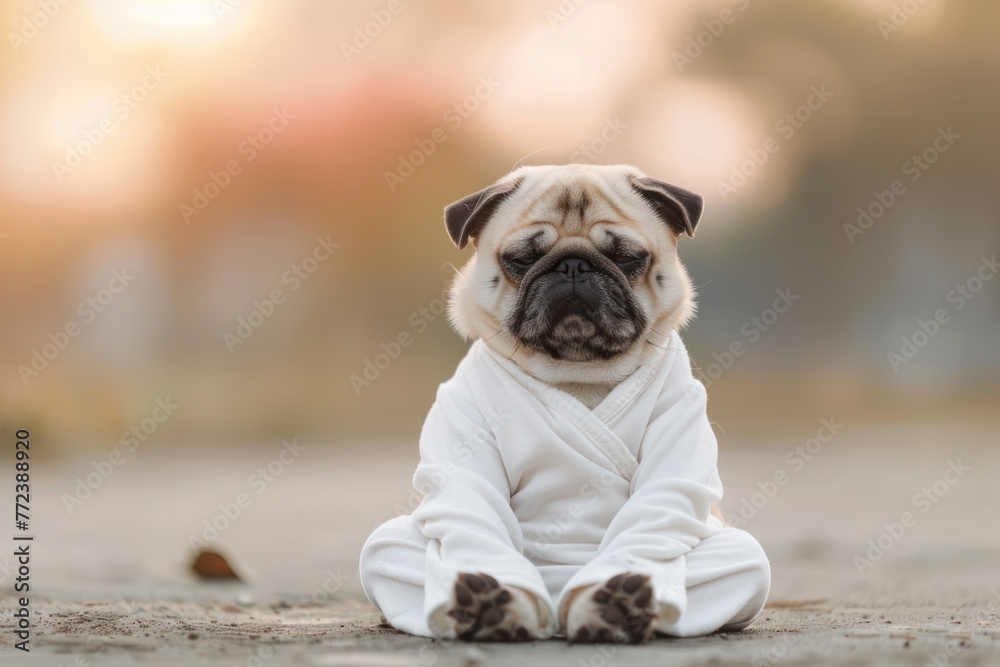 Obraz premium Calm looking pug dog simple white clothes, sitting on ground in lotus like position. Zen meditation concept