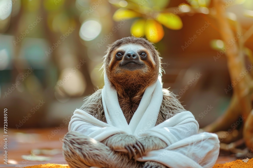 Fototapeta premium Calm looking sloth simple white clothes, sitting on ground in lotus like position. Zen meditation concept