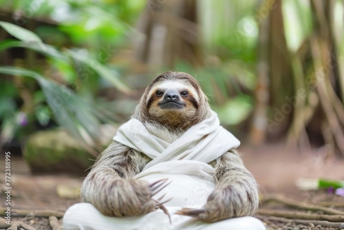 Calm looking sloth simple white clothes, sitting on ground in lotus like position. Zen meditation concept