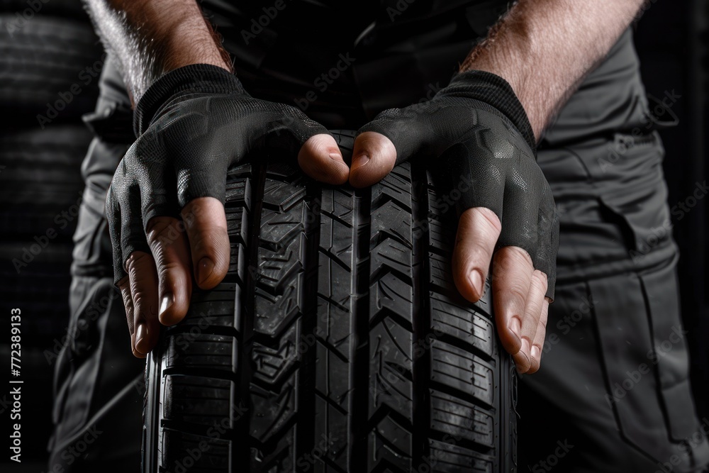 Car tire service and hands of mechanic holding new tyre on black background Car tire service and hands of mechanic holding new tyre on black background