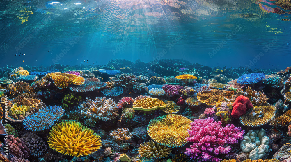 Naklejka premium Featuring a multitude of tropical fish swimming among colorful corals, a vibrant underwater scene of a sunlit coral reef comes to life with bustling activity.