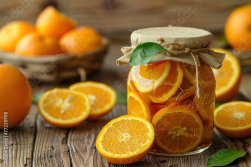Canned oranges. Jar with canned orange and fresh oranges on a wooden table