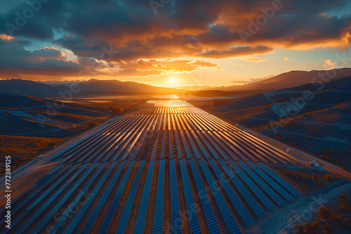 The setting sun casts a golden glow over an extensive solar farm, with rows of panels stretching into the horizon amidst rolling hills.
