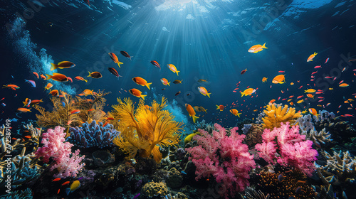 Vibrant underwater scene of a sunlit coral reef bustling with life, featuring a multitude of tropical fish swimming among colorful corals. © HappyFarmDesign