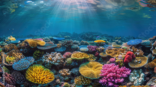 Featuring a multitude of tropical fish swimming among colorful corals  a vibrant underwater scene of a sunlit coral reef comes to life with bustling activity.