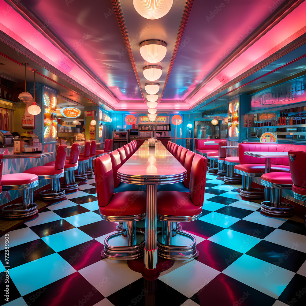 Retro-inspired diner with checkerboard floors
