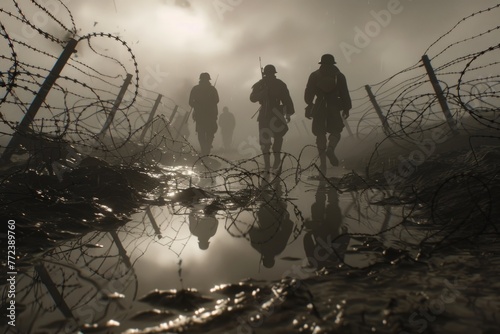 Soldiers journey through mud, flanked by barbed wire, captured in 3D with stark, moody lighting photo