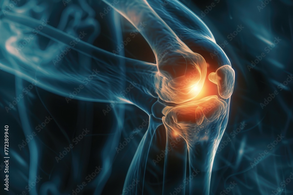 Artistic 3D rendering of knee pain with engaging moody lighting for chiropractic adverts - obrazy, fototapety, plakaty 