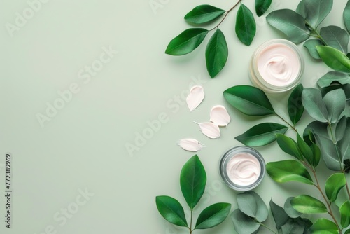 Cosmetic cream in jar with green leaves on color pastel background, copy space for text