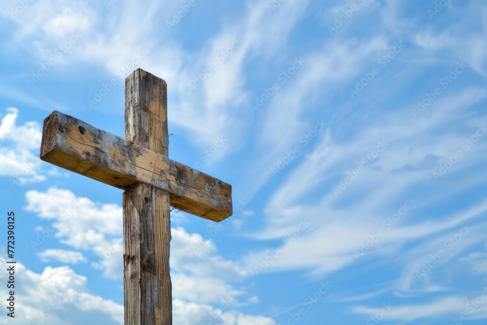 Cross on sky background. Christian symbol. Cross on sky background