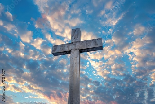 Cross on sky background. Christian symbol. Cross on sky background