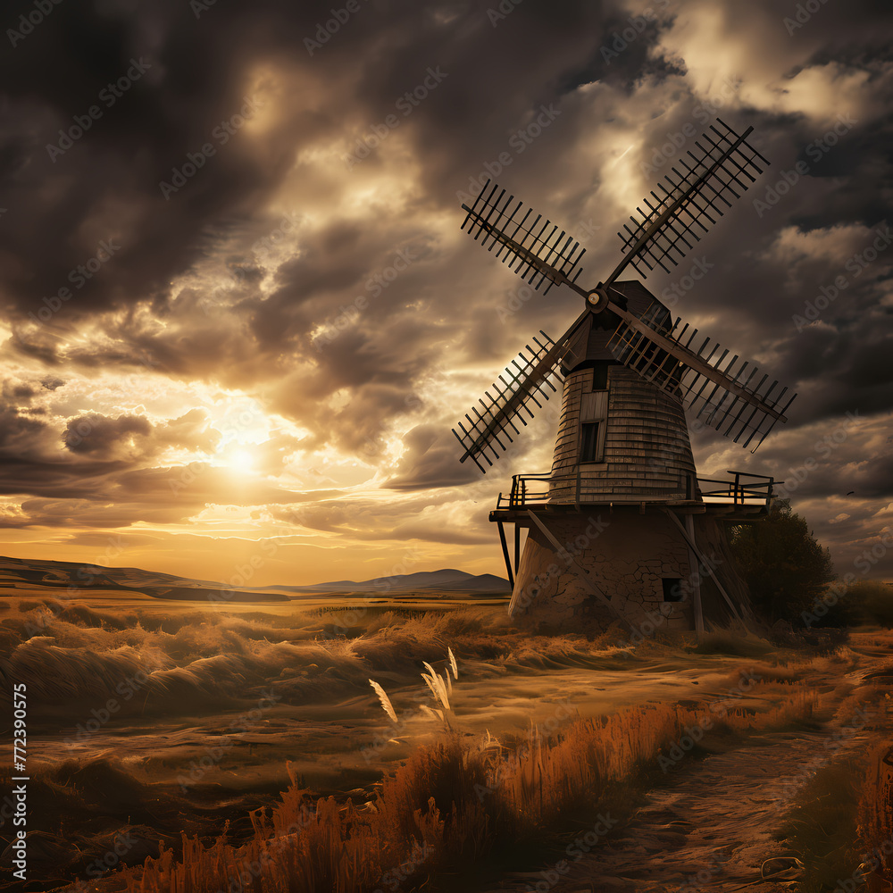 Rustic windmill against a dramatic sky. 