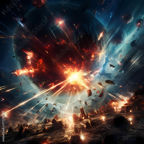 Sci-fi battle in outer space with laser beams and explosions