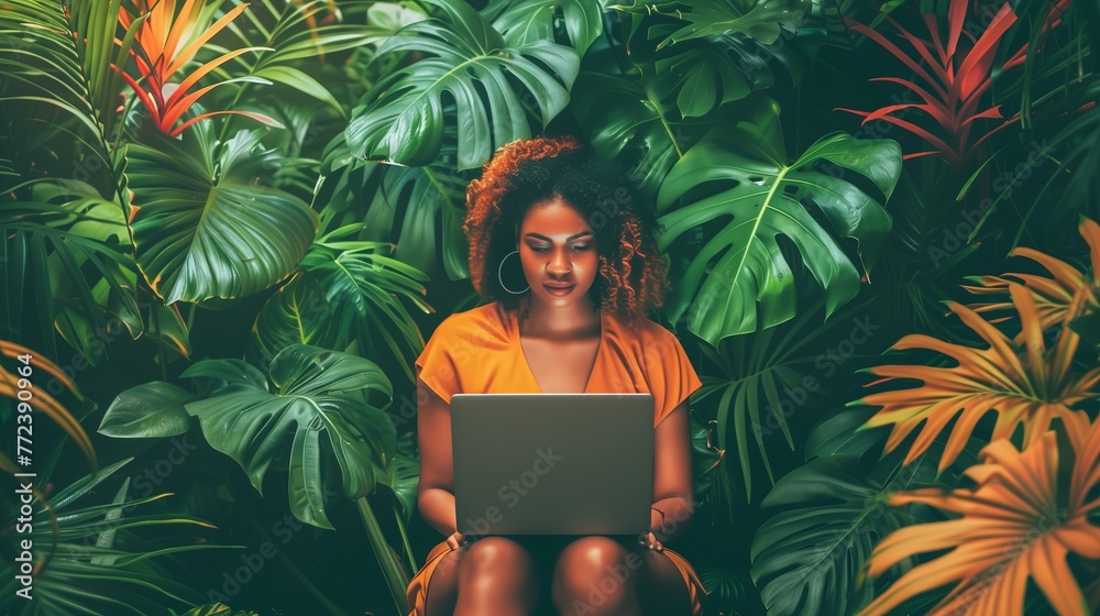 Young woman working on her laptop, in lush tropical environment with vibrant foliage. Concept of digital nomad and freelance work, blending the flexibility of remote work with the beauty of nature. Young woman working on her laptop, in lush tropical environment with vibrant foliage. Concept of digital nomad and freelance work, blending the flexibility of remote work with the beauty of nature.
