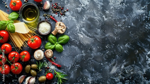 Tomatoes, Basil, Spaghetti, Mushrooms, Olives, Parmesan, Olive oil, Garlic, Peppercorns, Rosemary, Parsley on black background. Italian food background.