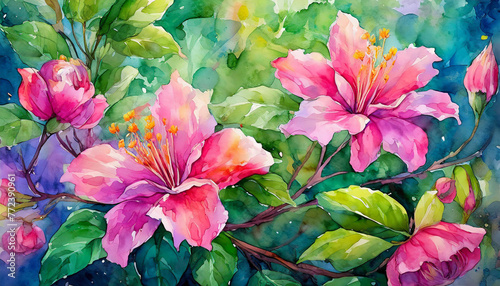 Detailed watercolor painting of vibrant pink flowers with lush green leaves. Hand drawn botanical art.