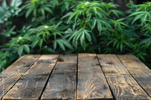 Empty rustic old wooden boards table copy space with cannabis plants in background