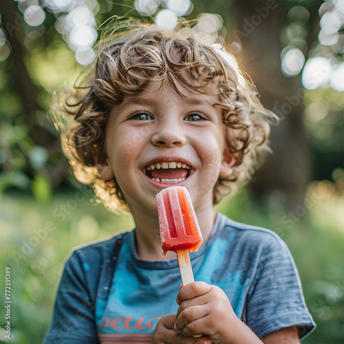 Boy child eating a popsicle laughing on a sunny hot summers day