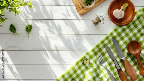 White wooden table background covered with green tablecloth and cooking utensils.