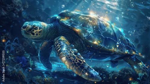 A digitally created image showcasing a sea turtle illuminated with golden light, swimming amongst bubbles and aquatic flora in the deep blue ocean