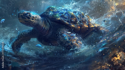 A detailed and colorful underwater illustration showcasing a sea turtle swimming amongst tiny blue fish, with bubbles and light rays piercing the water