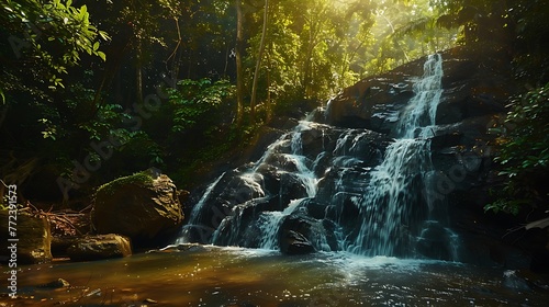 beautiful waterfall in green forest in jungle at phu tub berk mountain phetchabun photo