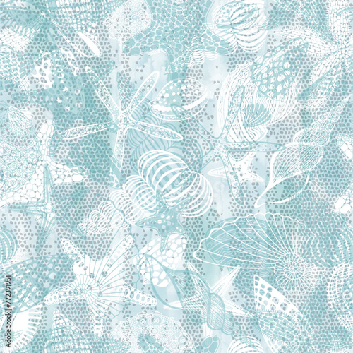 Seamless pattern on the marine theme with starfish and seashells on blue watercolor background. Vector. Perfect for design templates, wallpaper, wrapping,print, fabric and textile.