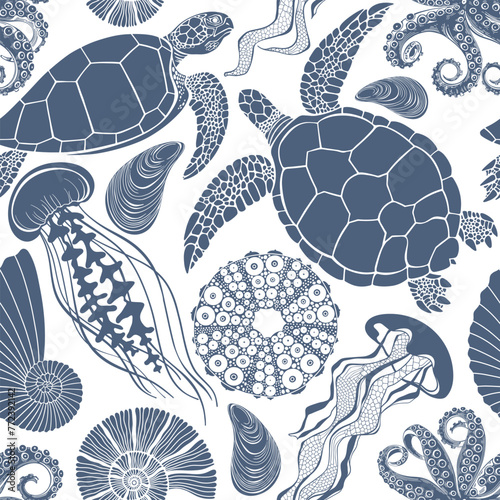 Sea creatures. Seamless pattern on the marine theme with turtles, jellyfish, underwater plants,octopus, sea ​​urchin, seashells on white. Hand drawn vector illustration.