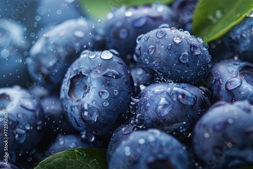 Fresh wet bilberry or blueberry fruits with water drops photo