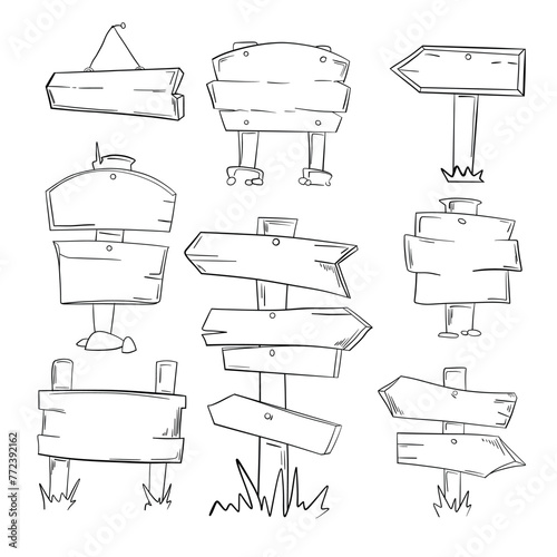 Hand drawn set illustration of doodle wood road signs and arrows