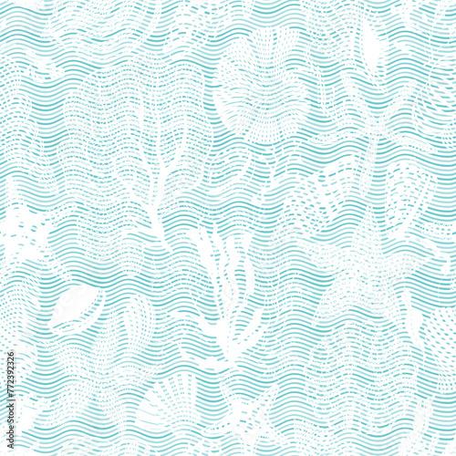 Sea creatures on waves background. Abstract seamless pattern. Monochrome.  Hand drawn  vector illustration. Perfect for design templates, wallpaper, wrapping, fabric,  print and textile. © maritime_m