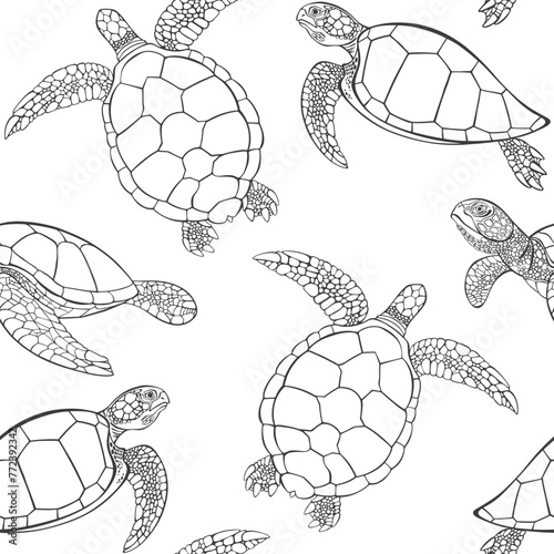 Turtles on white. Seamless pattern on the marine theme. Hand drawn vector illustration. Perfect for design templates, wallpaper, wrapping, fabric, print and textile. Black and white.