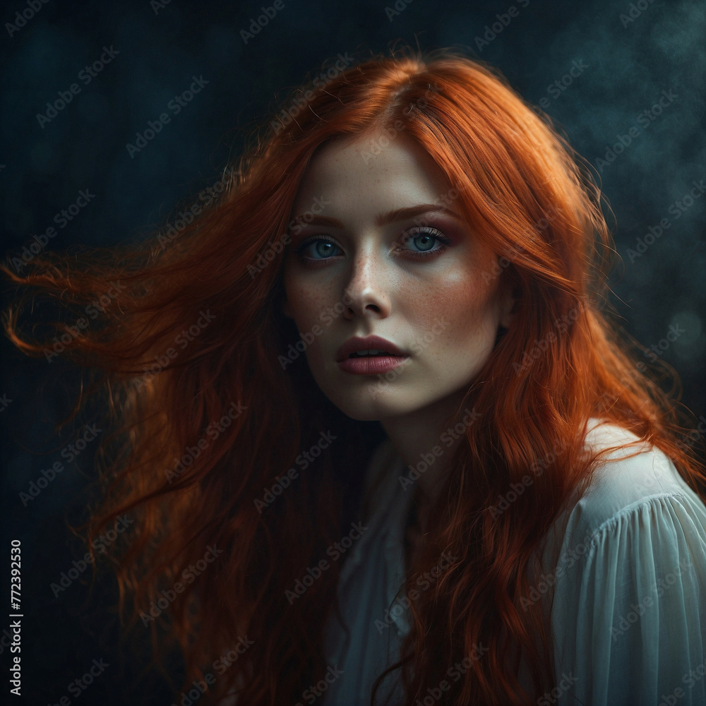 Portrait of a Stunning Redhead Woman with Long Hair