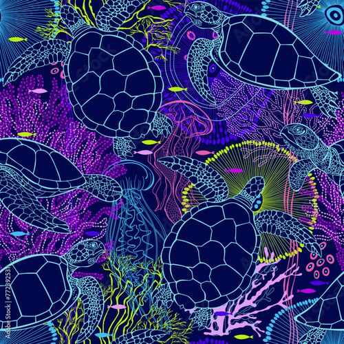 Sea. Abstract seamless pattern with turtles, underwater plants, fish and jellyfish. Hand drawn bright vector illustration. Perfect for design templates, wallpaper, wrapping, fabric,  print © maritime_m